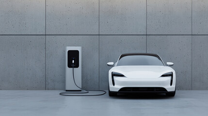 sleek white electric car is parked at charging station against modern concrete wall, showcasing future of eco friendly transportation