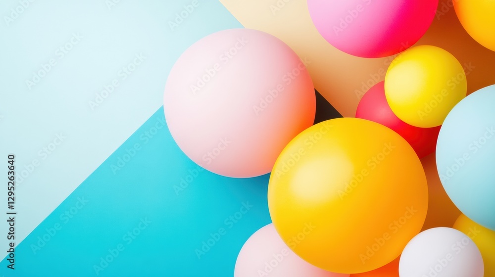Poster vibrant balloon array against a colorful geometric backdrop modern event imagery for dynamic marketi