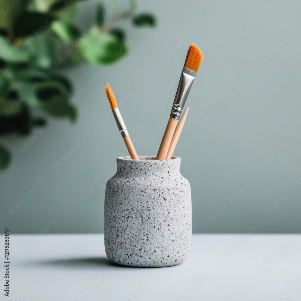 Aufkleber minimalist workspace display speckled ceramic jar with art brushes on soft gray surface - modern art