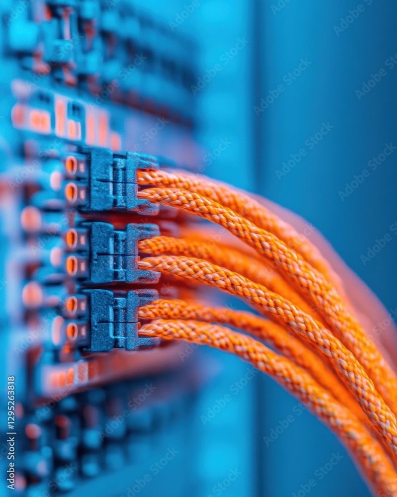 Poster Vibrant Cable Management High-Density Orange Braided Cables in Modern Data Center Rack for Efficient Tech Networking and Streamlined IT Infrastructure Solutions