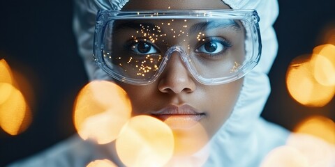 Ethereal Scientific Portrait Diverse Scientist in Protective Gear, Illuminated by Bokeh Innovative Research Visuals and Inclusive STEM Campaigns