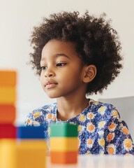 Fototapeta premium Modern Neurodivergent Child Engagement Vibrant Sensory Blocks in a Calming Therapy Space - Pediatric Wellness Imagery for Inclusive Education and Therapy Marketing