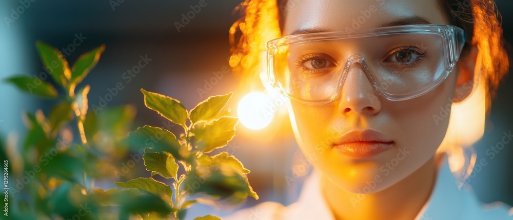 Poster illuminated lab harmony female scientist in glasses with greenery - cutting-edge stem content and in