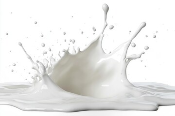 Close-up of a dynamic milk splash captured in mid-air against a white background, showcasing fluid motion and smooth, creamy texture.  
