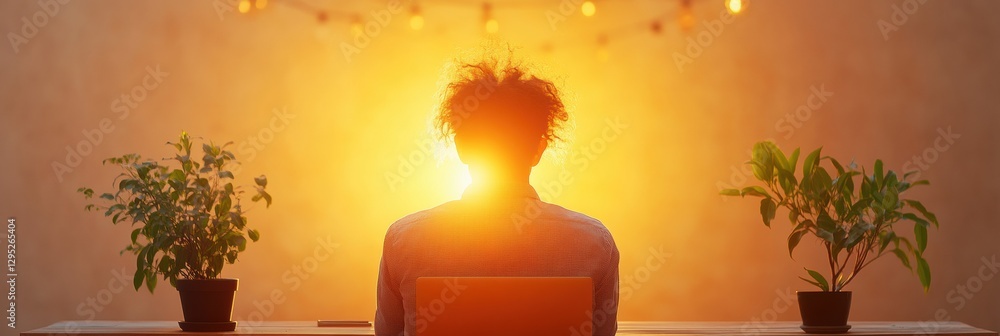 Poster Sunlit Digital Workspace Modern Professional Analyzing Data on Multiple Screens - Cutting-Edge Tech Workflow and Business Innovation for Enhanced Productivity