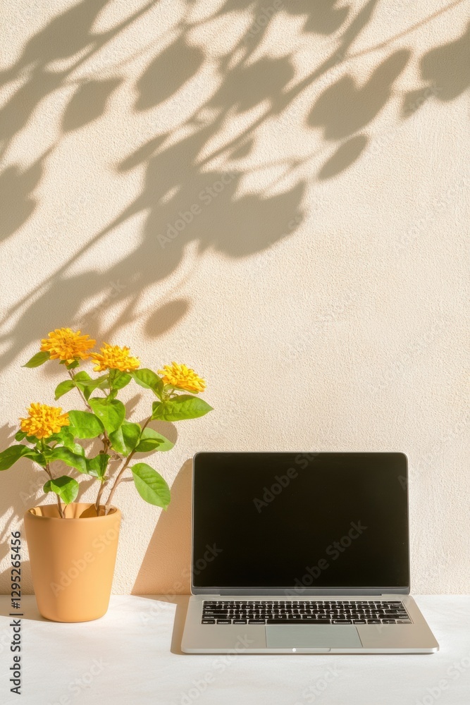 Aufkleber minimalist workspace inspiration sleek laptop and botanical decor with soft shadows - elevate academ