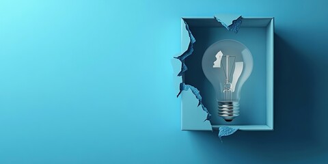Lightbulb Emerging From a Ripped Blue Box on Blue Background