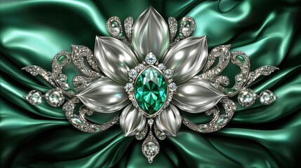Emerald and Diamond Flower Brooch on Emerald Silk