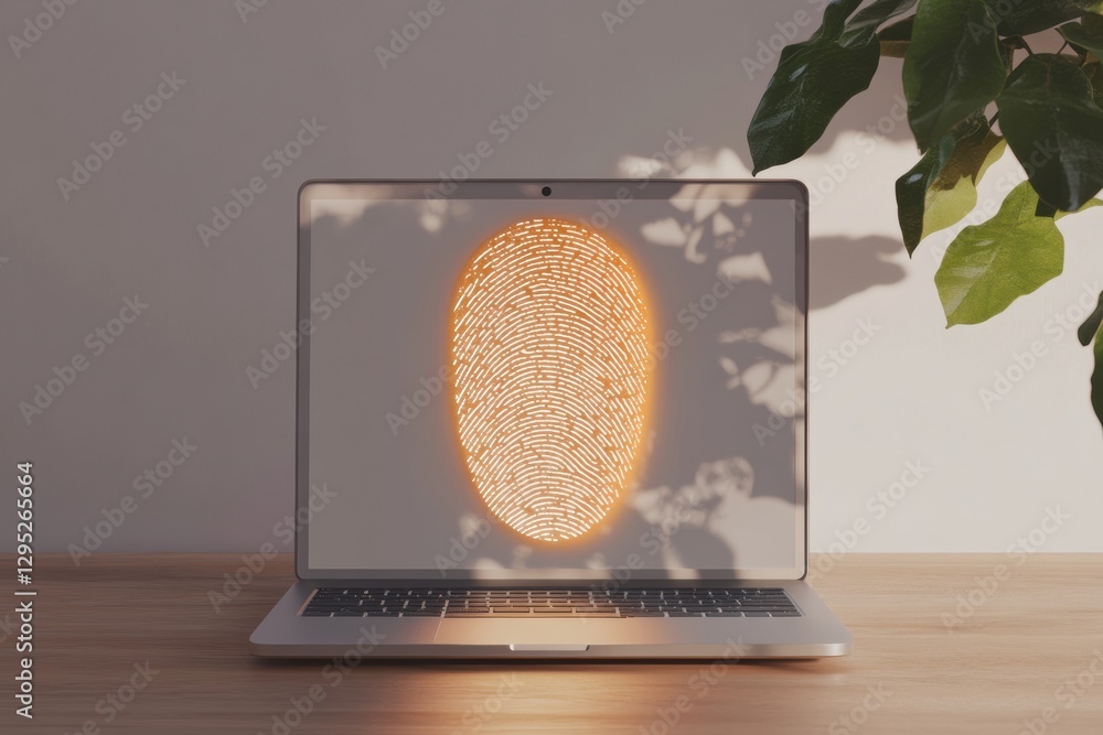 Leinwandbilder minimalist cybersecurity hub sleek laptop with secure fingerprint login on wooden desk - modern tech