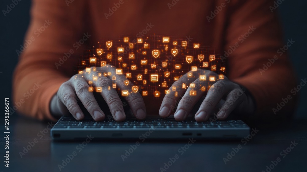 Aufkleber Glowing Digital Security Interface Hands Typing on Sleek Keyboard with Floating Shield Icons - Enhancing Tech Solutions and Online Privacy for Business Protection