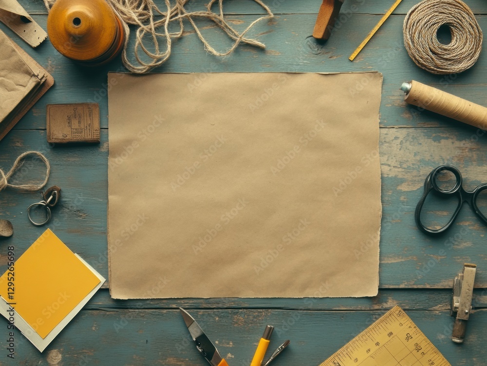 Poster rustic design inspiration vintage paper and craft tools on distressed wood - creative content for de