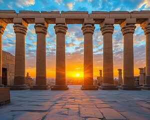 Fototapeta premium Ancient Columns Stand Before A Sunset Over A City