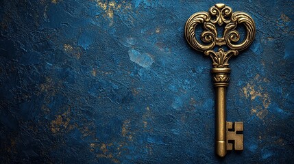 Ornate Antique Skeleton Key on Blue Textured Background