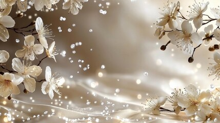 Elegant Beige and White Blossoms with Sparkling Diamonds on Silk Fabric