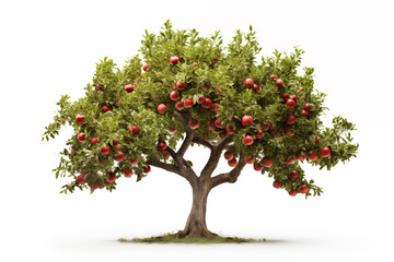 Obraz premium Lush green tree filled with bright red apples stands in orchard under clear blue skies. Vibrant colors create picturesque scene of nature's bounty.