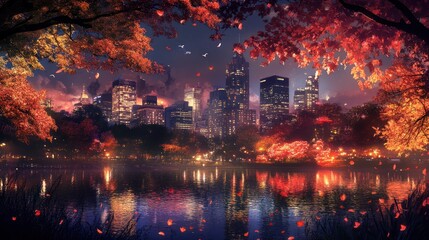 Serene cityscape at dusk with autumn foliage reflecting on water.