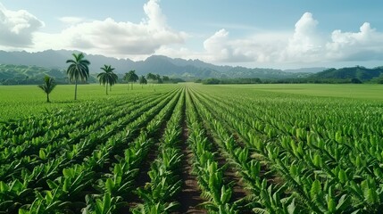 Fototapeta premium Lush green tobacco field stretching towards mountains under a cloudy sky, showcasing agriculture
