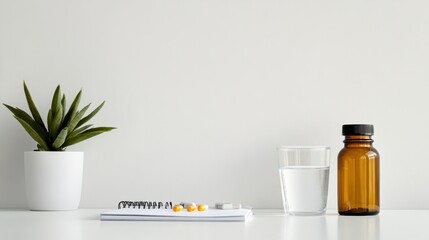 Obesity drug bottle beside a water bottle and a health journal on a white desk. Featuring wellness and self-care