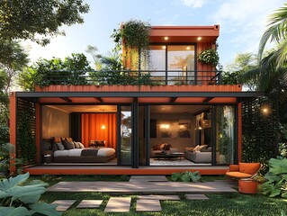 A modern shipping container home displays an innovative design of architecture
