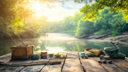 Serene Fishing Scene: Rustic Wooden Dock, Tranquil River, Lush Greenery