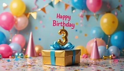 Festive Birthday Gift Box with Gold Number 3 and Happy Birthday Sign for 3rd Birthday
