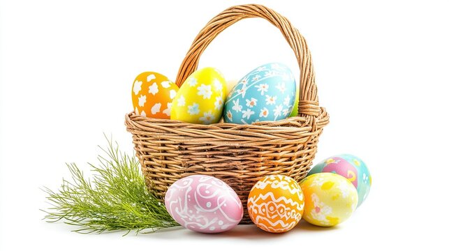 Colorful Easter eggs are placed in a wicker basket, paired with willow grass patterns, isolated on a white background, representing the concept of Easter celebration and holiday decoration.