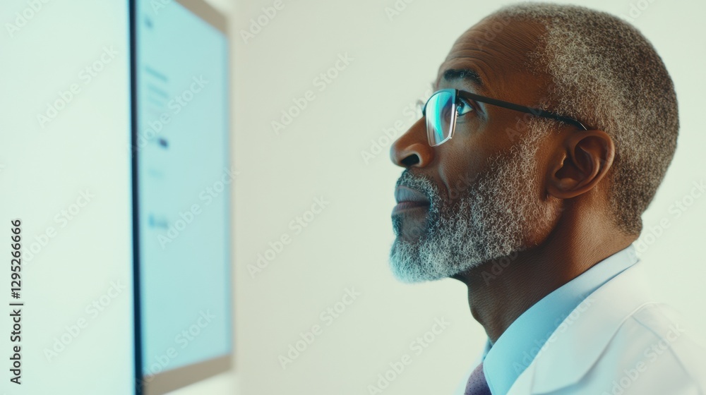 Poster thoughtful healthcare professional analyzing digital tablet data on minimalist hospital wall - enhan