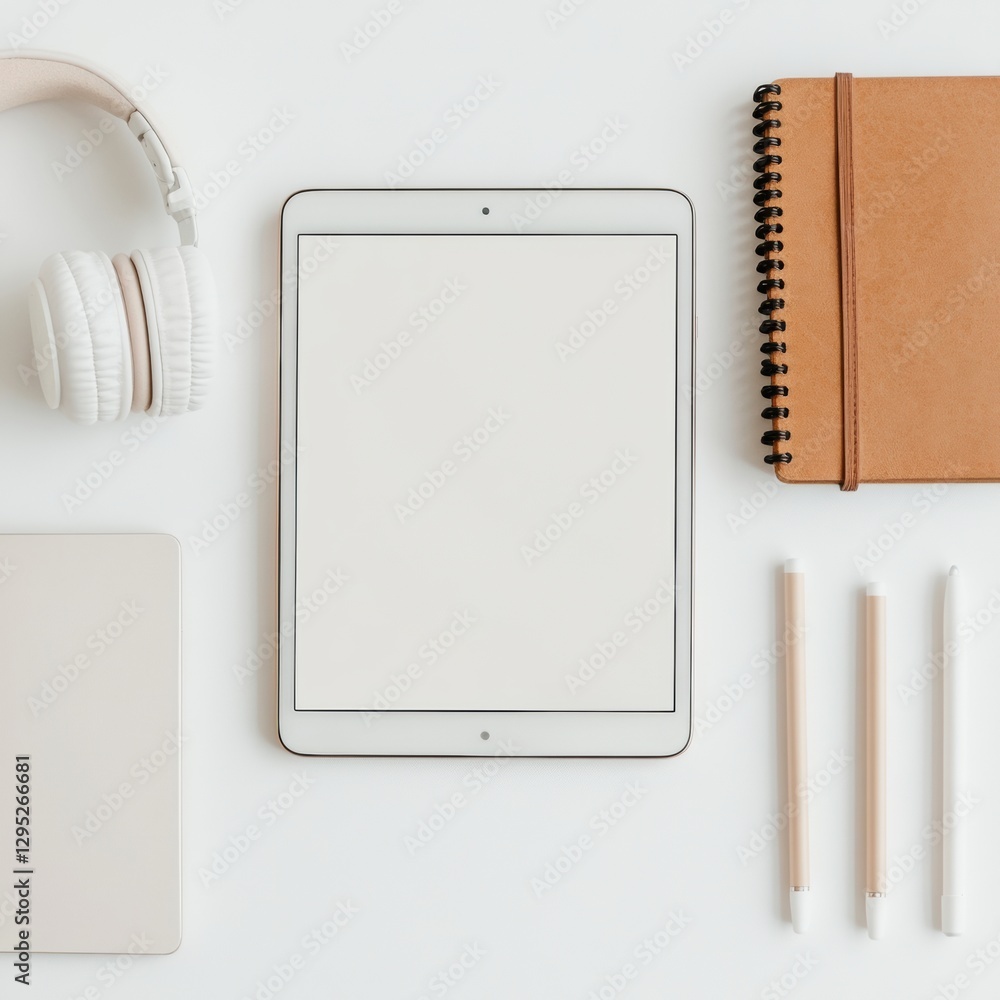 Poster minimalist flat lay for ai-powered education tablet, headphones, stylus and notebook on crisp white 