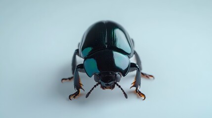 Naklejka premium Macro shot of a shiny black beetle on a light background showcasing its intricate details and texture