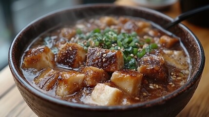 Steaming bowl of tofu in dark brown sauce, restaurant setting