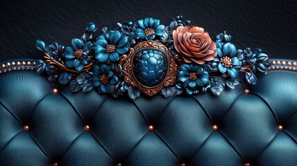 Naklejka premium Luxurious Teal Leather Chesterfield Headboard with Ornate Floral and Gemstone Accents