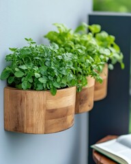 Fototapeta premium Eco-Chic Urban Micro-Gardening Wall-Mounted Wooden Planters with Fresh Herbs on City Balcony - Sustainable Home Design and Mindful Living Aesthetics