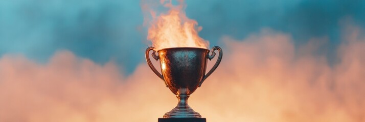 Neo-Classical Metal Trophy with Fiery Background Symbol of Academic Excellence - Inspirational Content for Educational Awards and Dynamic Marketing Visuals