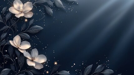 Elegant Dark Blue Floral Background with Glimmering Lights and Silver Leaves