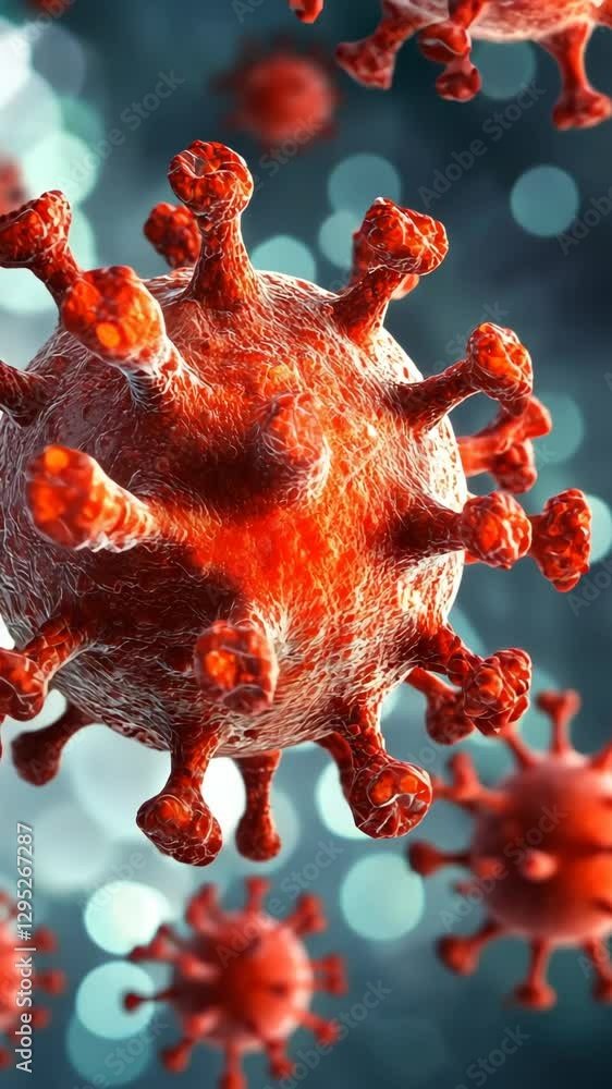 Poster microscopic view of viral particles illustrating structure and detail of a virus in a scientific stu