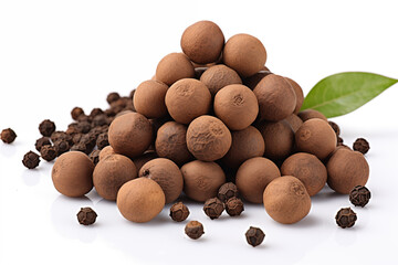 Brown allspice stacked in pyramid shape alongside dark peppercorns on bright surface. Green leaves add touch of freshness to composition.