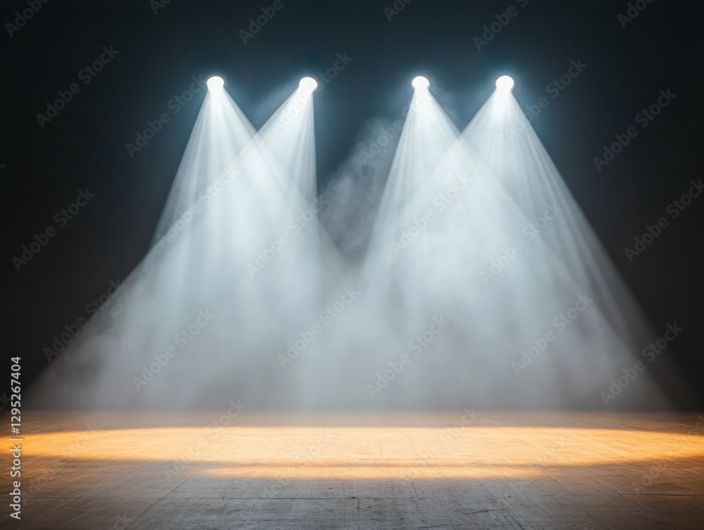 Poster Cutting-Edge Stage Lighting Dynamics Intersecting Beams and Fog Effects on Truss Systems Advanced Visual Production for Theatrical Innovation and Audience Engagement