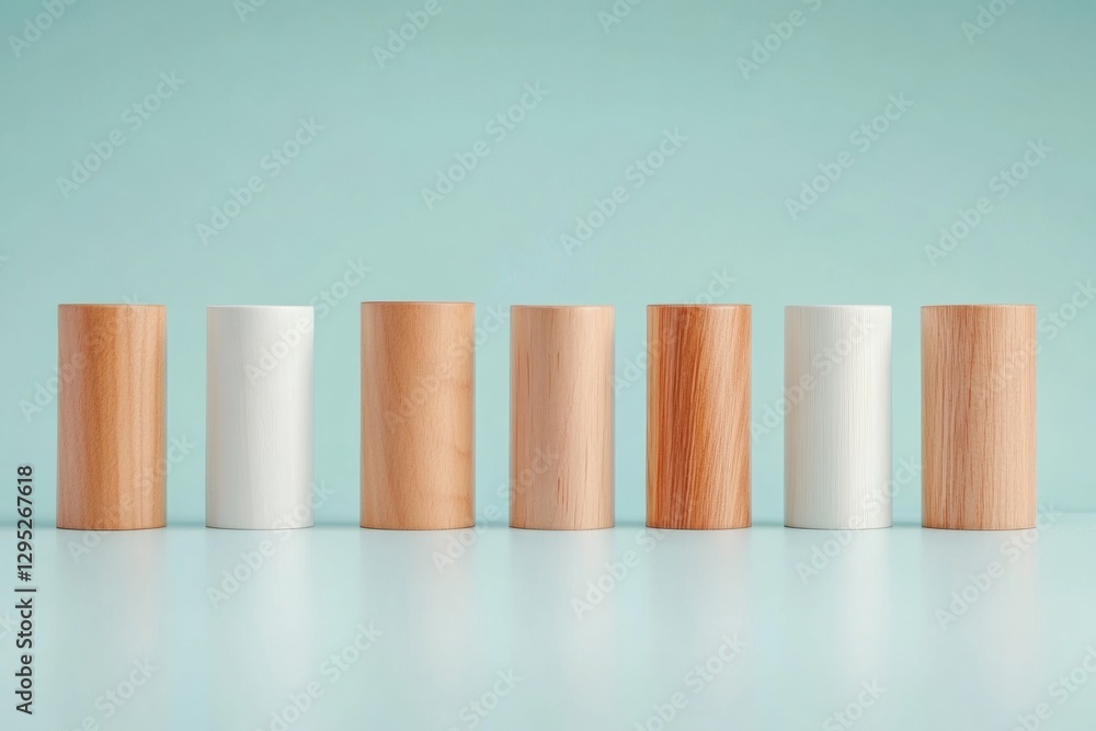 Poster minimalist wooden cylinders in symmetrical alignment on glossy surface chic aesthetic for hr strateg