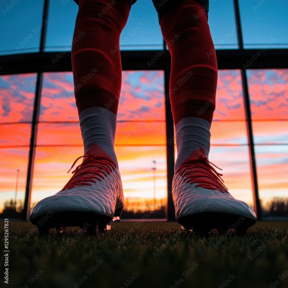 Poster dynamic soccer training modern athletes stride in high-tech gear on grass field at sunset - enhancin