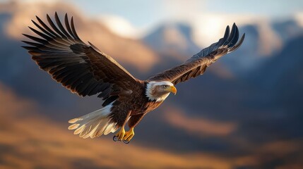 Obraz premium Majestic eagle soaring above breathtaking mountain landscape during golden hour