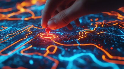 Naklejka premium Futuristic geolocation interface with a 3D digital map, illuminated routes, and GPS tracking – AI-powered navigation and smart city transport system