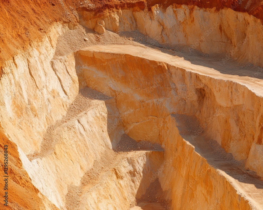 Poster terraced open-pit mine aesthetic exposed rock layers and earth moving in industrial documentation - 