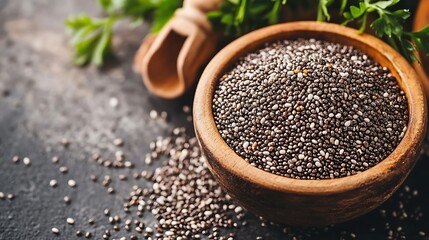 Chia Seeds in Wooden Bowl: Healthy Eating, Superfood, Nutrition
