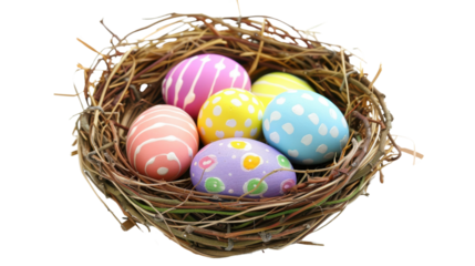 Colorful easter eggs nest showing festive decoration with transparent background