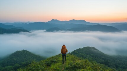 Mindful Trekking Journey Solo Hiker on Misty Mountain Trail at Sunrise - Contemporary Outdoor Adventure and Sustainable Wellness Lifestyle