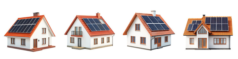 Fototapeta premium Eco Friendly Solar Powered Residential Homes in Suburban Neighborhood Modern sustainable and energy efficient houses with solar panels on the roofs