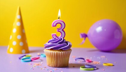 Cupcake with Purple Frosting and Lit Number 3 Candle for 3rd Birthday Celebration
