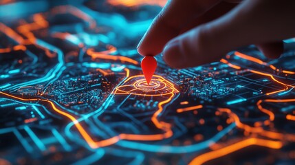 Naklejka premium Futuristic digital navigation system with a glowing map, GPS marker, and AI-driven geolocation – smart transportation and urban mobility concept