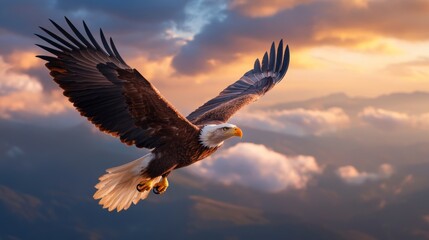 Obraz premium Majestic eagle soaring through a vibrant sunset sky, with mountains and clouds in the background