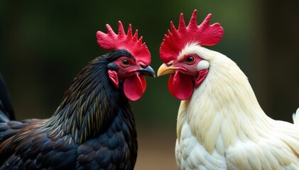 Close-up of white rooster and black hen mating , galliformes, animal breeding